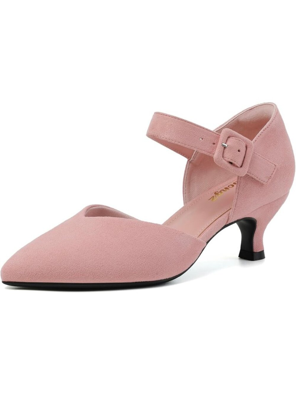 Women's Pink Suede Closed Pointed Toe Ankle Strap Buckle Heels Slip on Low Heel